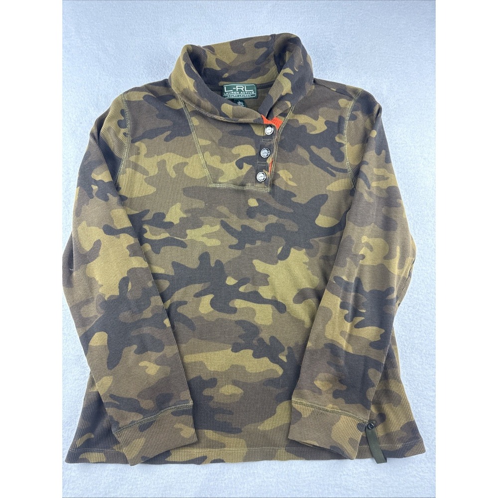 Lauren Active Long Sleeve Camoflague Snap‎ Front High Collar Top Women's Size L